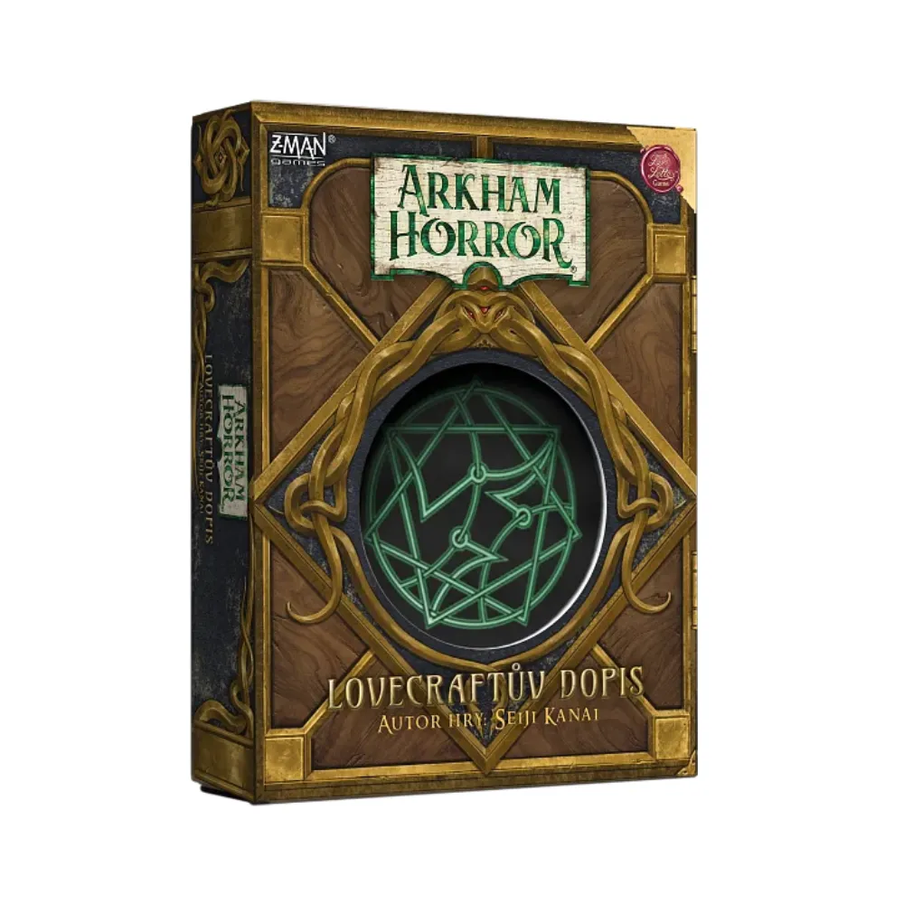 Arkham Horror: Lovecraftův dopis – krabica kartovej spoločenskej hry zo sveta Arkham Horror s lovecraftovským dizajnom