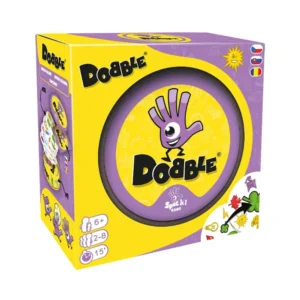 Dobble – krabica populárnej postrehovej spoločenskej hry s kartami a symbolmi